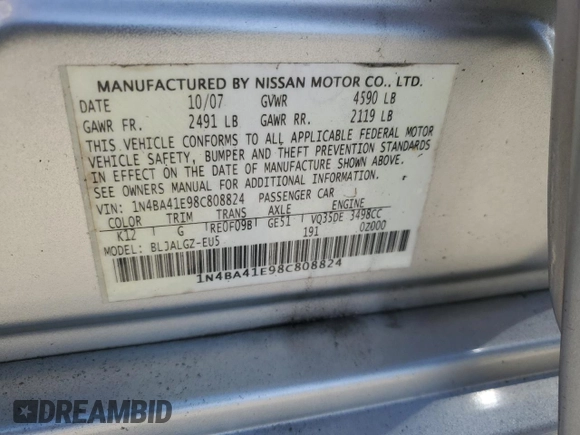 2008 Nissan Maxima SE with VIN 1N4BA41E98C808824, listed as a Copart auction lot 76804464 with Not Provided miles and Non Repairable. Bid and sale history available at DreamBid. Image 13.