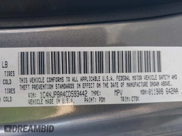 2012 Jeep Patriot Sport with VIN 1C4NJPBA4CD593442, listed as a IAAI auction lot 40906505 with 159,482 mi miles and . Bid and sale history available at DreamBid. Image 9.