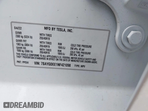 2022 Tesla Model Y Long Range with VIN 7SAYGDEE1NF421098, listed as a IAAI auction lot 42177555 with 55,855 mi miles and . Bid and sale history available at carsss.com. Image 9.