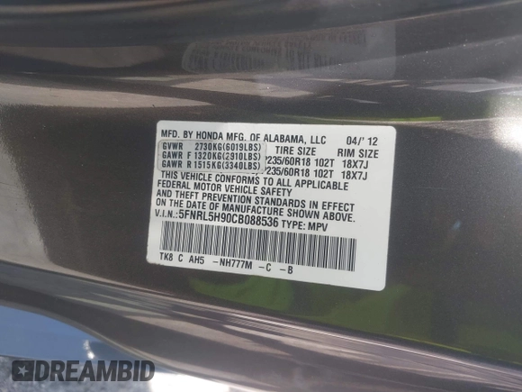 2012 Honda Odyssey Touring with VIN 5FNRL5H90CB088536, listed as a IAAI auction lot 42102008 with 283,350 mi miles and . Bid and sale history available at DreamBid. Image 9.
