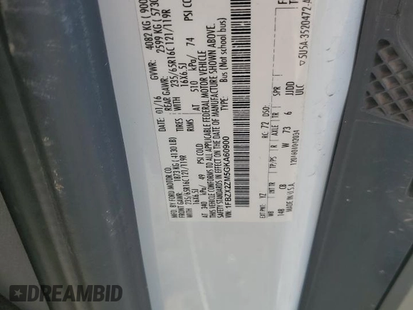 2016 Ford Transit XL with VIN 1FBZX2ZM5GKA60900, listed as a Copart auction lot 46841675 with 144,821 mi miles and Salvage title. Bid and sale history available at DreamBid. Image 13.