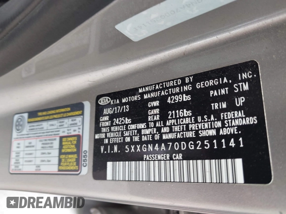 2013 Kia Optima EX z VIN 5XXGN4A70DG251141, wystawiony jako IAAI lot #42410478 z przebiegiem 245 963 mil mil oraz . Historia ofert i sprzedaży dostępna na DreamBid. Obrazek 9.