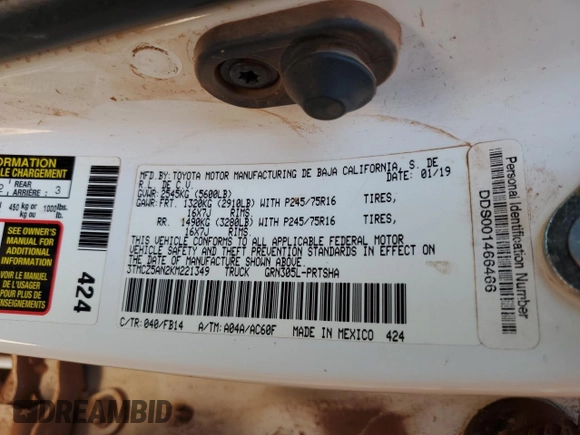 2019 Toyota Tacoma SR z VIN 3TMCZ5AN2KM221349, wystawiony jako Copart lot #60332685 z przebiegiem 109 907 mil mil oraz Szkoda całkowita • Salvage title. Historia ofert i sprzedaży dostępna na DreamBid. Obrazek 12.