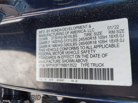 2022 Honda Ridgeline RTL-E with VIN 5FPYK3F71NB013522, listed as a IAAI auction lot 41670347 with 24,689 mi miles and . Bid and sale history available at DreamBid. Image 9.