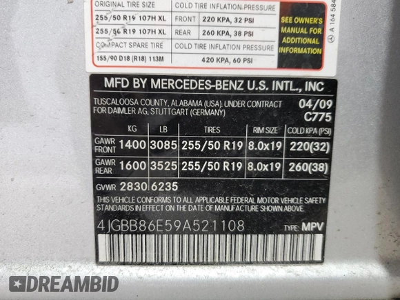 2009 Mercedes-Benz M 350 with VIN 4JGBB86E59A521108, listed as a Copart auction lot 55895495 with 126,829 mi miles and Clean Title. Bid and sale history available at DreamBid. Image 13.