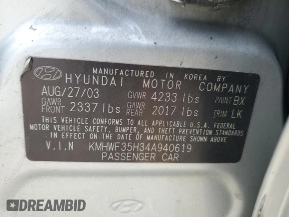 2004 Hyundai Sonata GLS with VIN KMHWF35H34A940619, listed as a Copart auction lot 51607865 with 192,742 mi miles and Salvage Title. Bid and sale history available at carsss.com. Image 12.