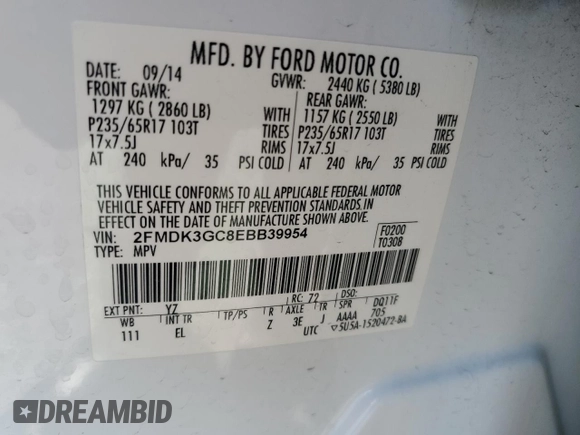 2014 Ford Edge SE z VIN 2FMDK3GC8EBB39954, wystawiony jako Copart lot #56427345 z przebiegiem 139 731 mil mil oraz Szkoda całkowita • Salvage title. Historia ofert i sprzedaży dostępna na DreamBid. Obrazek 13.