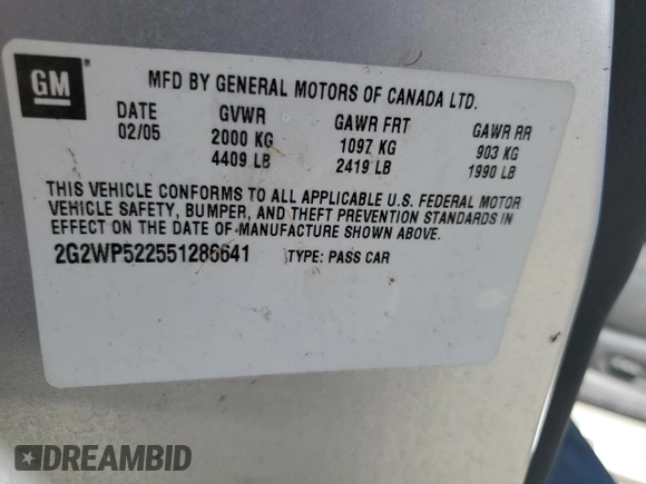2005 Pontiac Grand Prix with VIN 2G2WP522551286641, listed as a Copart auction lot 63907535 with 148,938 mi miles and Clean title. Bid and sale history available at DreamBid. Image 12.
