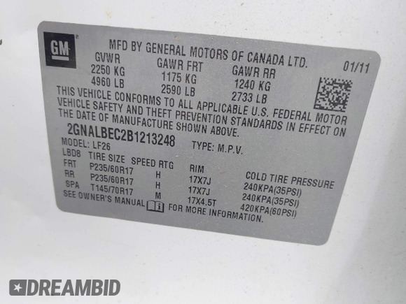 2011 Chevrolet Equinox LS with VIN 2GNALBEC2B1213248, listed as a IAAI auction lot 42025542 with 222,776 mi miles and . Bid and sale history available at DreamBid. Image 9.