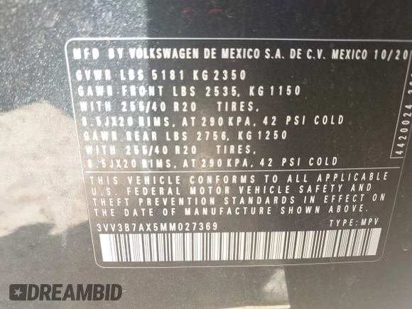 2021 Volkswagen Tiguan SE z VIN 3VV3B7AX5MM027369, wystawiony jako IAAI lot #42082821 z przebiegiem 74 024 mil mil oraz . Historia ofert i sprzedaży dostępna na DreamBid. Obrazek 9.