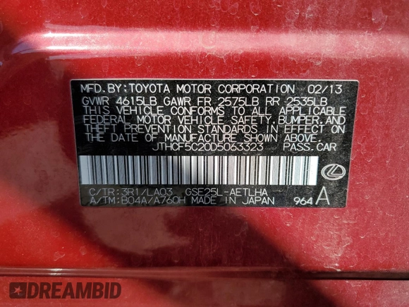 2013 Lexus IS 250 with VIN JTHCF5C20D5063323, listed as a Copart auction lot 50349985 with 92,610 mi miles and Salvage title. Bid and sale history available at DreamBid. Image 13.