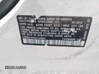 2012 Volkswagen Passat SE with VIN 1VWBP7A3XCC109832, listed as a IAAI auction lot 41657750 with 192,653 mi miles. Bid and sale history available at carsss.com. Image 9.