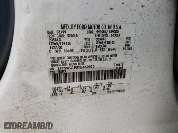 2000 Ford F-350 XL with VIN 1FTSW31F5YEA50810, listed as a Copart auction lot 83274144 with 147,370 mi miles and Salvage Title. Bid and sale history available at DreamBid. Image 13.