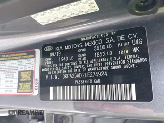 2020 Kia Rio S with VIN 3KPA25AD2LE274924, listed as a IAAI auction lot 39744291 with 20,613 mi miles and . Bid and sale history available at DreamBid. Image 9.