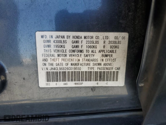 2006 Acura TSX z VIN JH4CL96826C019550, wystawiony jako Copart lot #61312725 z przebiegiem 215 251 mil mil oraz Szkoda całkowita • Salvage title. Historia ofert i sprzedaży dostępna na DreamBid. Obrazek 12.