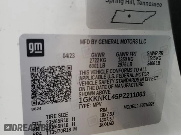 2023 GMC Acadia SLE z VIN 1GKKNKL45PZ211063, wystawiony jako Copart lot #51313405 z przebiegiem 19 737 mil mil oraz Szkoda całkowita • Salvage title. Historia ofert i sprzedaży dostępna na DreamBid. Obrazek 15.