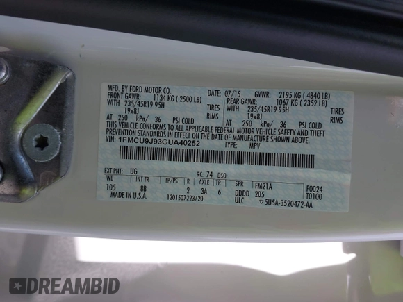 2016 Ford Escape Titanium with VIN 1FMCU9J93GUA40252, listed as a IAAI auction lot 42000778 with 37,914 mi miles. Bid and sale history available at carsss.com. Image 9.