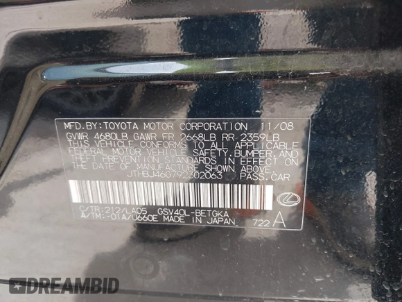 2009 Lexus ES 330 with VIN JTHBJ46G792302063, listed as a IAAI auction lot 42215088 with 157,021 mi miles and . Bid and sale history available at DreamBid. Image 9.