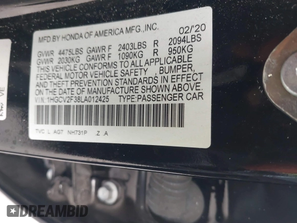 2020 Honda Accord Sport with VIN 1HGCV2F38LA012425, listed as a IAAI auction lot 42184562 with 60,863 mi miles and . Bid and sale history available at DreamBid. Image 9.