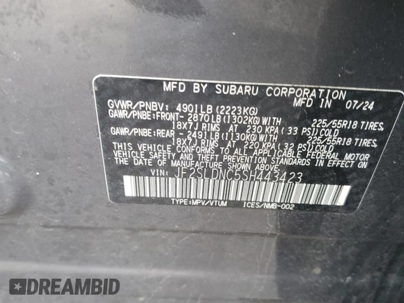 2025 Subaru Forester Limited с VIN JF2SLDNC5SH443423, выставлен на аукционе Copart как лот 50396375 с пробегом Не указан миль и Списание • Salvage title. История ставок и продаж доступна на DreamBid. Изображение 14.