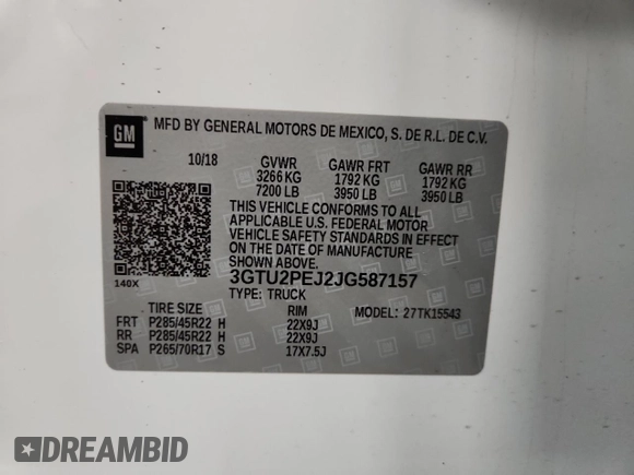 2018 GMC Sierra 1500 Denali z VIN 3GTU2PEJ2JG587157, wystawiony jako Copart lot #58516315 z przebiegiem 88 855 mil mil oraz Szkoda całkowita • Salvage title. Historia ofert i sprzedaży dostępna na DreamBid. Obrazek 13.