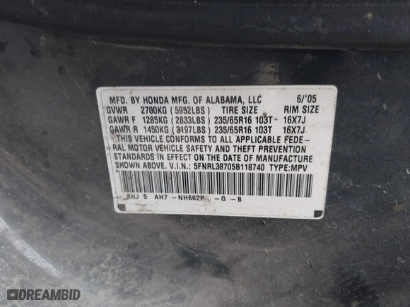 2005 Honda Odyssey EX-L with VIN 5FNRL38705B118740, listed as a IAAI auction lot 41912999 with 195,446 mi miles. Bid and sale history available at carsss.com. Image 9.