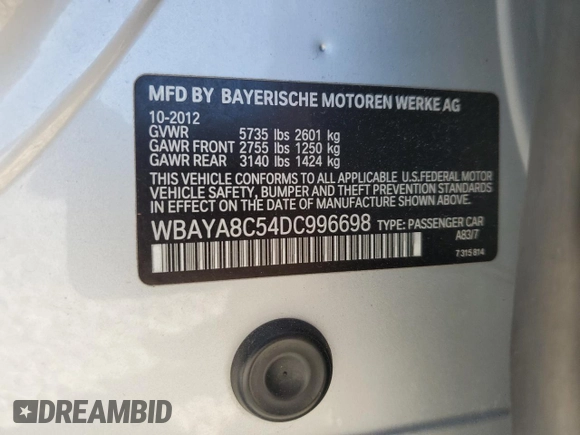 2013 BMW 7 Series 750i с VIN WBAYA8C54DC996698, выставлен на аукционе Copart как лот 53235915 с пробегом 116 247 миль миль и Списание • Salvage title. История ставок и продаж доступна на DreamBid. Изображение 13.