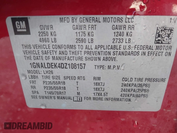 2013 Chevrolet Equinox LT with VIN 1GNALDEK4DZ108157, listed as a IAAI auction lot 42041316 with 122,897 mi miles and . Bid and sale history available at DreamBid. Image 9.