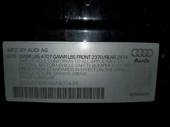 2005 Audi A4 2.0T with VIN WAUDF68E05A501634, listed as a Copart auction lot 84879474 with 205,312 mi miles and Clean Title. Bid and sale history available at carsss.com. Image 14.
