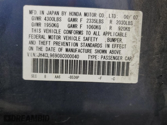 2008 Acura TSX Nav with VIN JH4CL96908C000040, listed as a Copart auction lot 59428855 with 113,682 mi miles and Salvage title. Bid and sale history available at DreamBid. Image 12.