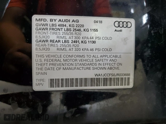 2018 Audi Q3 Premium Plus with VIN WA1JCCFS0JR033688, listed as a Copart auction lot 61352955 with 176,395 mi miles and Clean title. Bid and sale history available at DreamBid. Image 13.