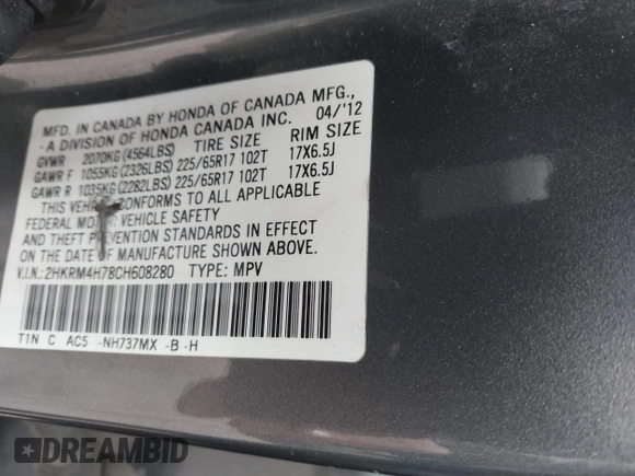 2012 Honda CR-V EX-L with VIN 2HKRM4H78CH608280, listed as a IAAI auction lot 41660971 with 192,226 mi miles. Bid and sale history available at carsss.com. Image 9.