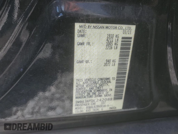 2013 Nissan Altima SL with VIN 1N4AL3AP5DC242088, listed as a Copart auction lot 63901655 with 260,004 mi miles and Clean title. Bid and sale history available at DreamBid. Image 12.