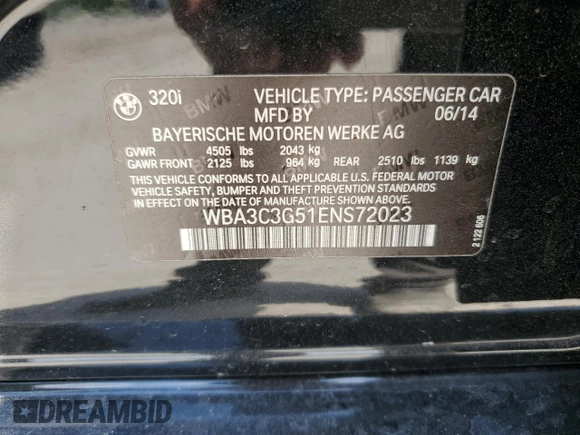 2014 BMW 3 Series 320i xDrive with VIN WBA3C3G51ENS72023, listed as a Copart auction lot 58595225 with 104,315 mi miles and Salvage title. Bid and sale history available at DreamBid. Image 12.
