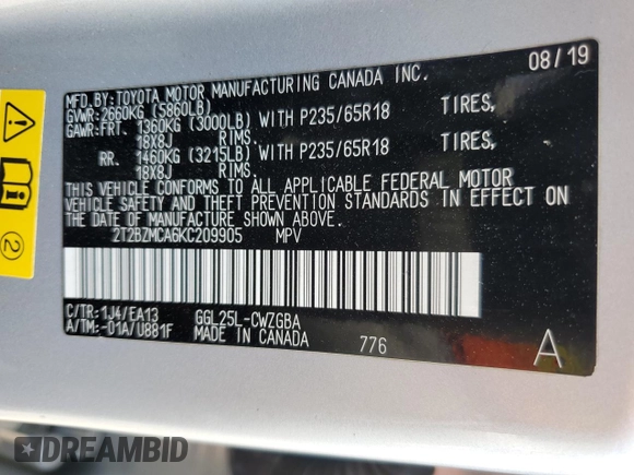 2019 Lexus RX 350 with VIN 2T2BZMCA6KC209905, listed as a Copart auction lot 60837395 with 100,116 mi miles and Salvage title. Bid and sale history available at DreamBid. Image 14.