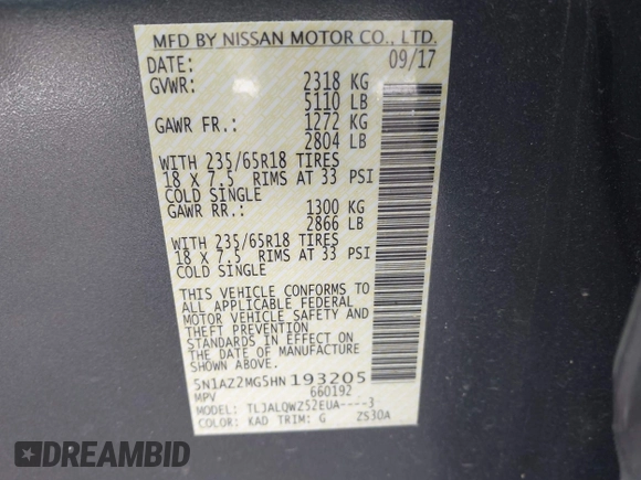 2017 Nissan Murano SV with VIN 5N1AZ2MG5HN193205, listed as a IAAI auction lot 41994619 with 85,509 mi miles. Bid and sale history available at carsss.com. Image 9.