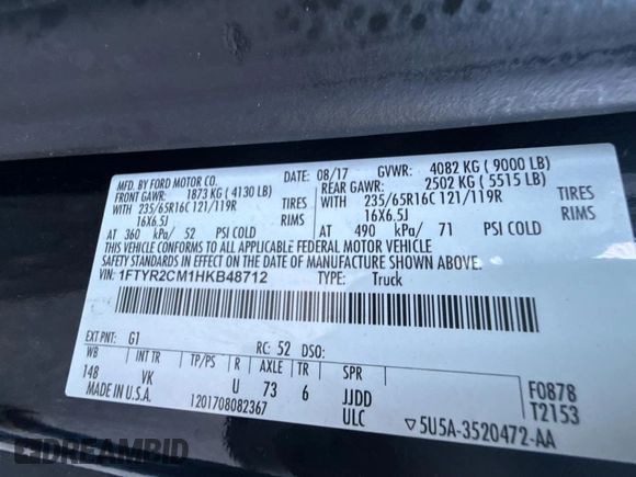 2017 Ford Transit z VIN 1FTYR2CM1HKB48712, wystawiony jako Copart lot #56607885 z przebiegiem 82 756 mil mil oraz Szkoda całkowita • Salvage title. Historia ofert i sprzedaży dostępna na DreamBid. Obrazek 10.