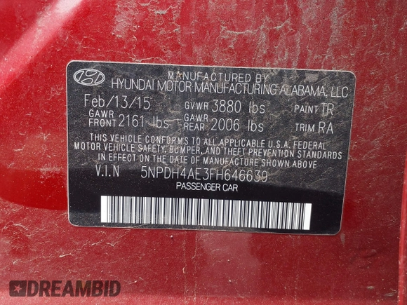 2015 Hyundai Elantra SE with VIN 5NPDH4AE3FH646639, listed as a IAAI auction lot 42598398 with 144,157 mi miles and . Bid and sale history available at DreamBid. Image 9.