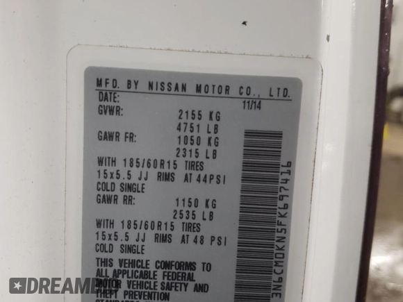 2015 Nissan NV200 S with VIN 3N6CM0KN5FK697416, listed as a Copart auction lot 52346025 with 241,224 mi miles and Salvage title. Bid and sale history available at DreamBid. Image 12.