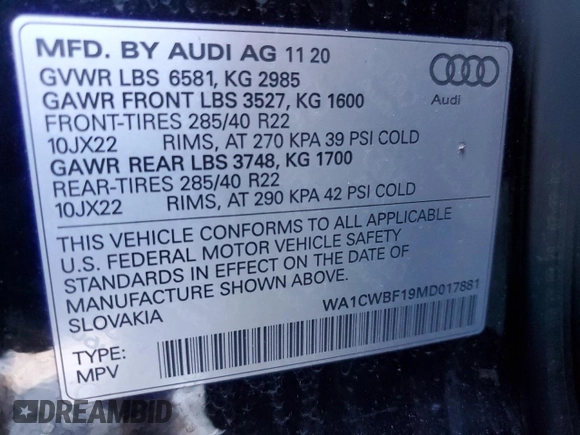 2021 Audi SQ8 Prestige z VIN WA1CWBF19MD017881, wystawiony jako Copart lot #72289762 z przebiegiem 33 906 mil mil oraz . Historia ofert i sprzedaży dostępna na DreamBid. Obrazek 13.