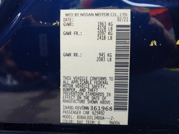 2021 Nissan Altima 2.5 S with VIN 1N4BL4BV0MN361968, listed as a IAAI auction lot 41920176 with 102,458 mi miles. Bid and sale history available at carsss.com. Image 9.
