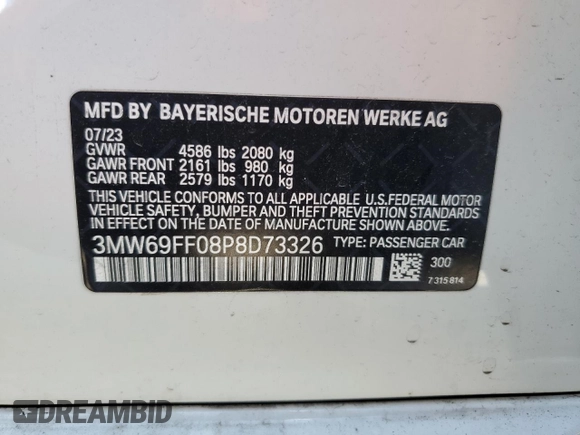 2023 BMW 3 Series 330i z VIN 3MW69FF08P8D73326, wystawiony jako Copart lot #57511995 z przebiegiem Nie podano mil oraz Czysty tytuł • Clean title. Historia ofert i sprzedaży dostępna na DreamBid. Obrazek 12.