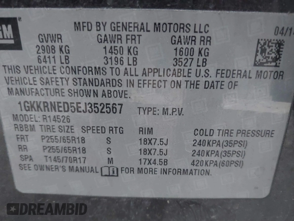 2014 GMC Acadia SLE with VIN 1GKKRNED5EJ352567, listed as a IAAI auction lot 41352454 with 196,140 mi miles and . Bid and sale history available at carsss.com. Image 17.