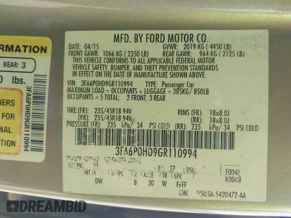 2016 Ford Fusion SE with VIN 3FA6P0HD9GR110994, listed as a IAAI auction lot 42102785 with 139,365 mi miles. Bid and sale history available at carsss.com. Image 9.