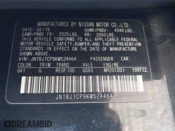 2019 Nissan Rogue S with VIN JN1BJ1CP9KW524464, listed as a IAAI auction lot 41736268 with 77,685 mi miles and . Bid and sale history available at DreamBid. Image 9.