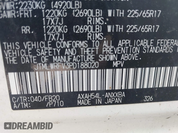 2023 Toyota RAV4 Hybrid LE with VIN JTMLWRFV3PD188020, listed as a IAAI auction lot 42424244 with 69,863 mi miles and . Bid and sale history available at DreamBid. Image 9.