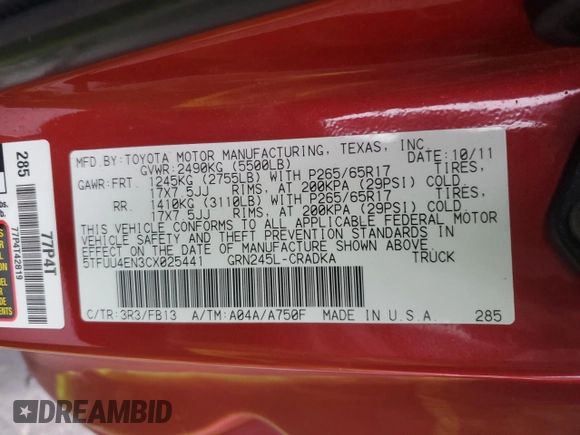 2012 Toyota Tacoma with VIN 5TFUU4EN3CX025441, listed as a Copart auction lot 49277795 with 169,210 mi miles and Salvage Title. Bid and sale history available at carsss.com. Image 12.