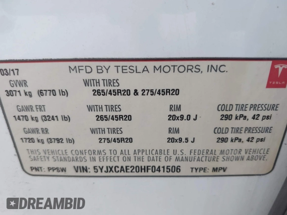 2017 Tesla Model X 90D z VIN 5YJXCAE20HF041506, wystawiony jako IAAI lot #41246836 z przebiegiem Nie podano mil oraz . Historia ofert i sprzedaży dostępna na DreamBid. Obrazek 9.