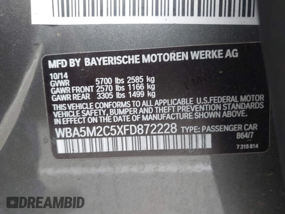 2015 BMW 5 Series 535i Gran Turismo z VIN WBA5M2C5XFD872228, wystawiony jako IAAI lot #42737501 z przebiegiem 71 027 mil mil oraz . Historia ofert i sprzedaży dostępna na DreamBid. Obrazek 9.