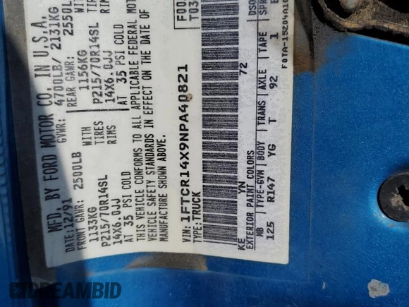 1992 Ford Ranger with VIN 1FTCR14X9NPA40821, listed as a Copart auction lot 53083745 with 63,198 mi miles and Salvage title. Bid and sale history available at DreamBid. Image 14.